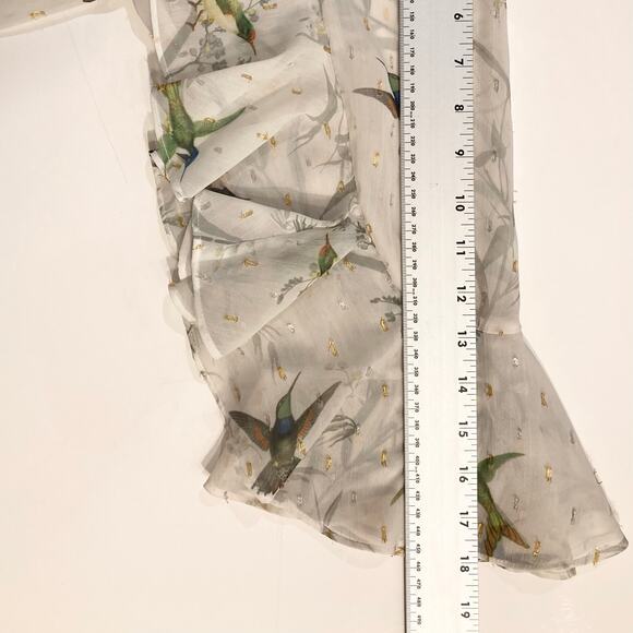 NWOT TED BAKER Top 1/4 Ivory Chiffon Hummingbird Gold Silver Swiss-Dot Long-Slv - Picture 10 of 13